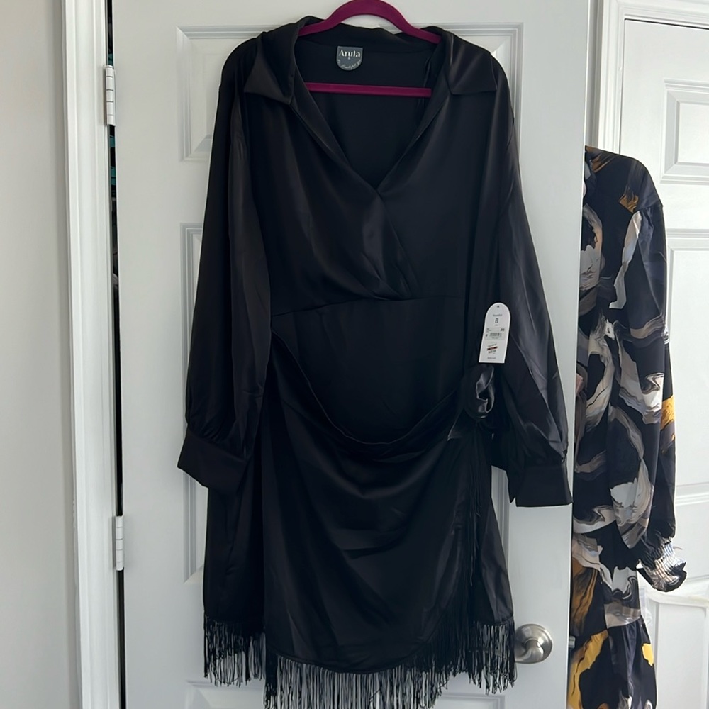 Black satin wrap fringe tie dress. Arula size 2X NWT